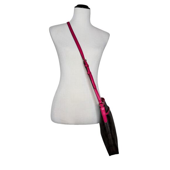 Coach Large Signature Print File Bag - Crossbody Brown w/ Fuchsia Leather Piping - Picture 2 of 9